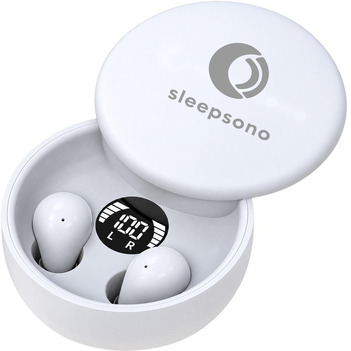 Sleepsono sleep earbuds in the open charging case, Cloud White