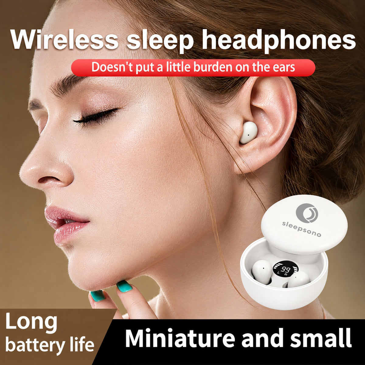 Woman in profile with a small white Sleepsono sleep earbud worn in her ear