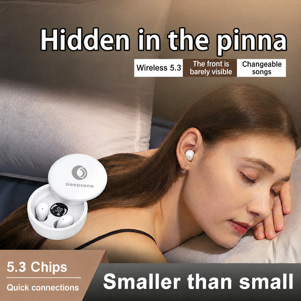 Woman asleep on her arm wearing a Sleepsono sleep earbud, open charging case beside her