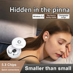 Woman asleep on her arm wearing a Sleepsono sleep earbud, open charging case beside her