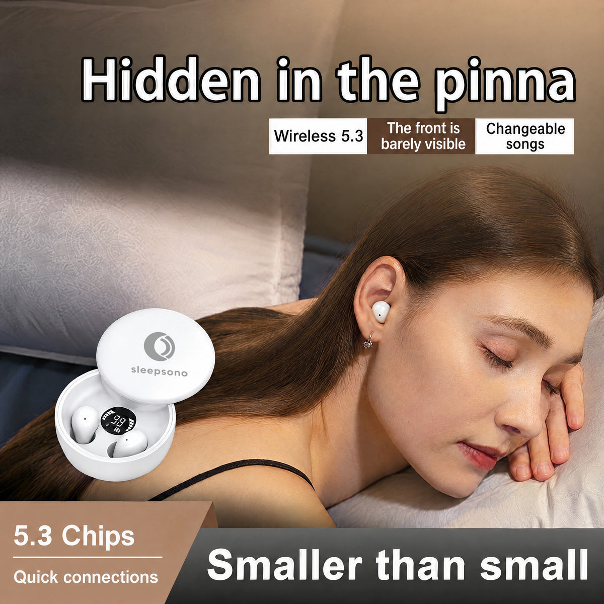 Woman asleep on her arm wearing a Sleepsono sleep earbud, open charging case beside her