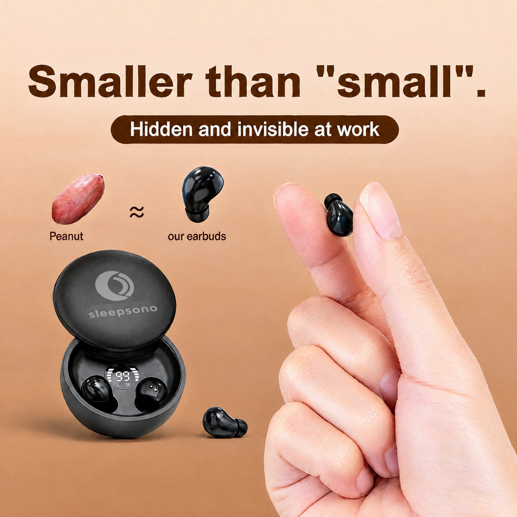 Midnight Black Sleepsono earbud held between finger and thumb next to a peanut for size