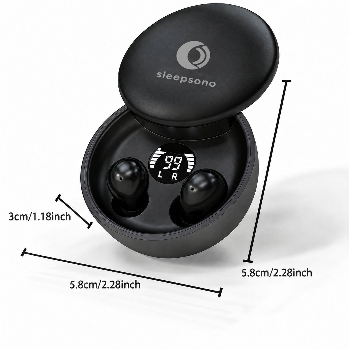 Midnight Black Sleepsono charging case open, measuring 5.8 by 5.8 by 3 centimetres
