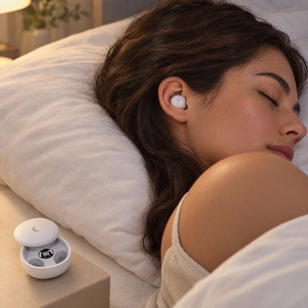Woman asleep on her side wearing a Sleepsono sleep earbud, charging case on the bedside table