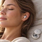 Woman resting with her eyes closed wearing a Sleepsono sleep earbud, charging case beside her