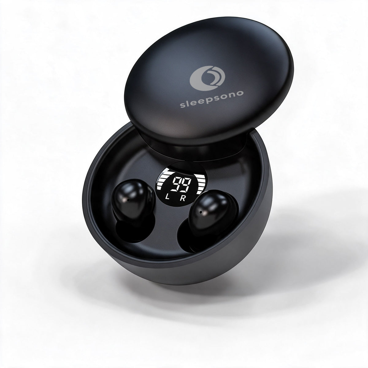 Open Midnight Black Sleepsono charging case with earbuds and charge display